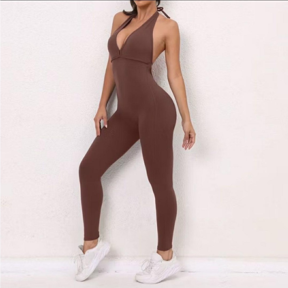 Padded Sport Brown Halter Jumpsuit